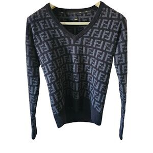 Fendi Dark Blue Monogram V-Neck Sweater